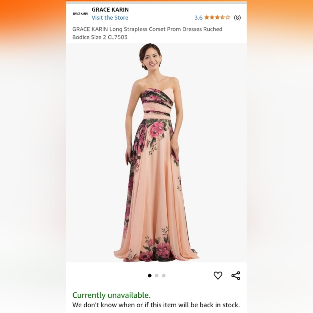 Grace Karin Peach Floral Strapless Corset Sweetheart Gown